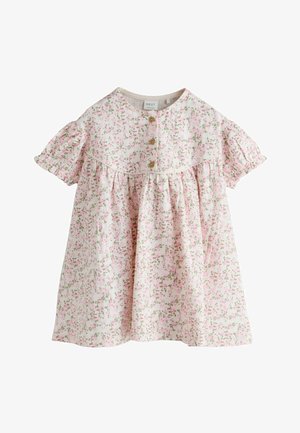 Roze peuterjurk met kleine bloemenprint, korte pofmouwen, drie houten knopen op het voorpanden yoke en geplooide rok.