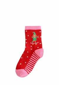 Calze rosse con pois bianchi, bordo e punta a coste rosa. Presentano un design di un elfo su uno skateboard in verde e rosa.