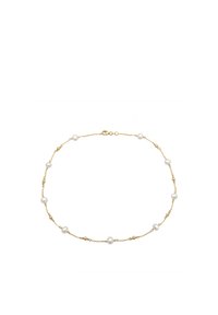 Gouden ketting met verspreide witte parels, een fijn schakeldesign en een veilige sluiting aan de achterkant.