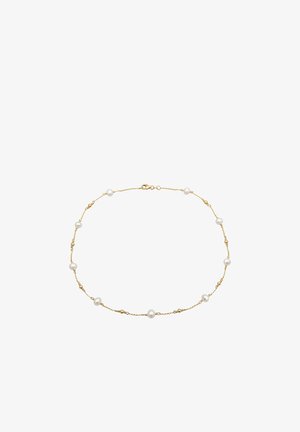 Collier chaîne en or agrémenté de perles blanches éparpillées, avec un design délicat à maillons et un fermoir sécurisé à l'arrière.