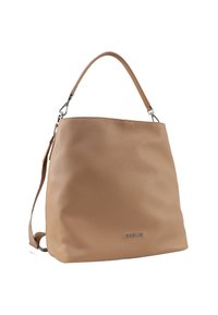 Borsa a spalla in pelle tan con superficie texture, dotata di un manico superiore singolo, una tracolla rimovibile e un dettaglio logo argento sulla parte anteriore.
