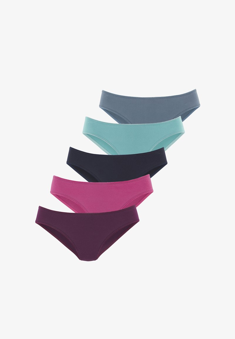 Cinq paires de culottes bikini en mélange de coton pour femmes dans des couleurs variées : teal, gris, marine, rose et violet foncé, présentant une texture lisse et douce.
