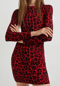 Czerwona i czarna sukienka w prążki z wzorem w panterkę, z długimi rękawami i dopasowanym krojem. Gładka faktura bez widocznych akcentów.