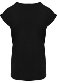 Schwarzes Kurzarm-T-Shirt mit lockerer Passform, rundem Ausschnitt und umgeschlagenen Ärmelbündchen. Hergestellt aus weichem Stoff mit glatter Textur.