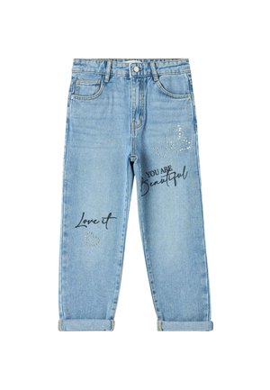 Jeans in denim azzurro con vestibilità comoda, dotati di orli risvoltati, stampa di testo "Love it" e "YOU ARE Beautiful" e dettagli in strass.