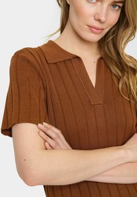 Brun, randig pikétröja med V-ringning och korta ärmar. Anmärkningsvärda detaljer inkluderar en klassisk krage och textil med struktur.
