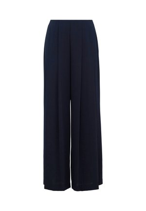 Marineblauwe wijde broek met plooien, gemaakt van lichte stof. Heeft een hoge taille en een gladde textuur. Geen aanvullende details of patronen.