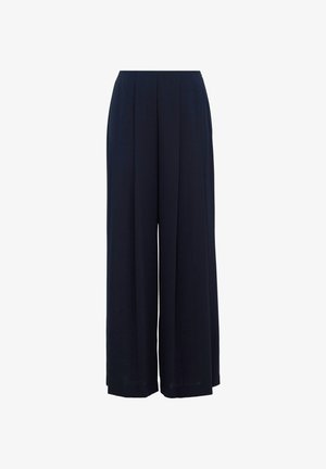Marineblauwe wijde broek met plooien, gemaakt van lichte stof. Heeft een hoge taille en een gladde textuur. Geen aanvullende details of patronen.