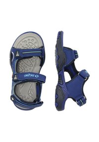 Blauwe sandalen met verstelbare banden, rubberen zolen en tekstuur inlegzolen. Kenmerken zijn onder andere een gevoerde voetbed en een stevige constructie.