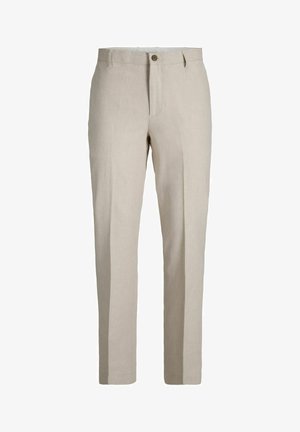 Beiget pellavahousut, joissa vyölenkit, nappisuljenta ja etuviiste, suunniteltu miesten käyttöön.