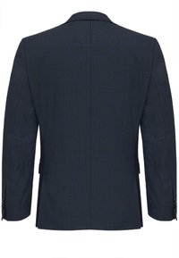 Marine blauwe jasje, getailleerde pasvorm, textuurstof, enkele split aan de achterkant, met notch-lapels en drie knopen aan elke manchette.