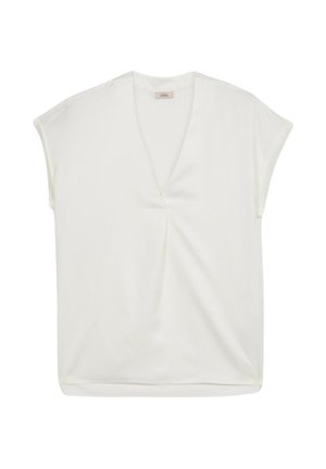 Blusa bianca a maniche corte con scollo a V, caratterizzata da un tessuto testurizzato e un dettaglio centrale a piega. Materiale morbido e leggero.