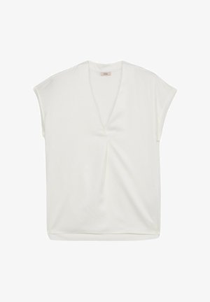 Valkoinen lyhythihainen paita, jossa on v-aukkosuunnittelu, teksturoitu kangas ja keskelle ommeltu pleat-yksityiskohta. Pehmeä, kevyt materiaali.