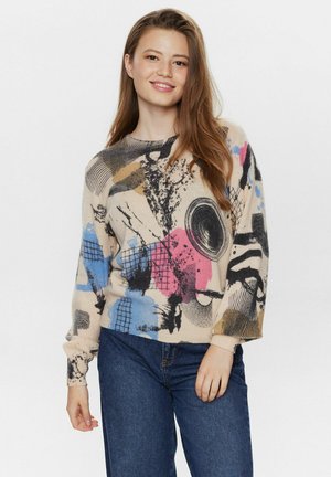 Maglione lavorato a maglia beige con motivi astratti in rosa, blu, nero e giallo. Presenta un collo rotondo e maniche lunghe.