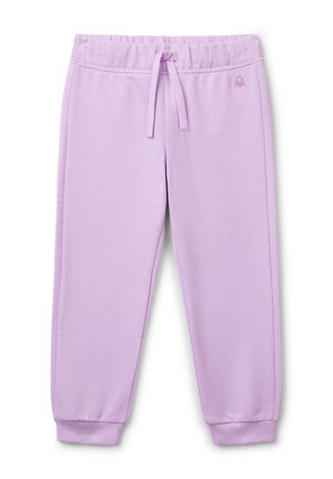 Pantalons de survêtement lilas en mélange de coton doux, avec une taille élastique, un cordon de serrage réglable et des poignets côtelés. Petite détail de logo inclus.