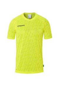 Maillot de sport à manches courtes d'un jaune néon vif, présentant un motif en damier texturé, avec le logo "uhlsport" imprimé en noir sur le devant.