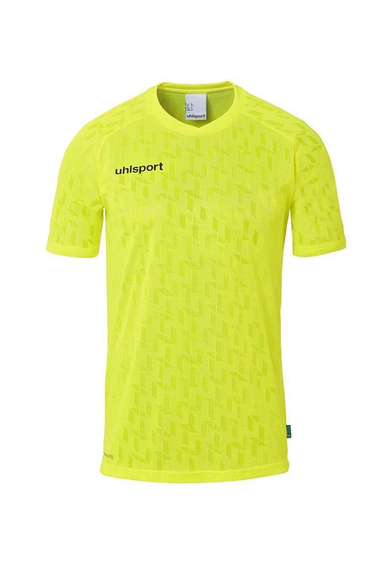 Maillot de sport à manches courtes d'un jaune néon vif, présentant un motif en damier texturé, avec le logo "uhlsport" imprimé en noir sur le devant.