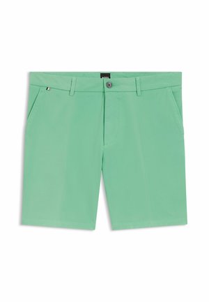 Mint green men's shorts with belt loops, side pockets, button closure, and a small logo tag near the left pocket.