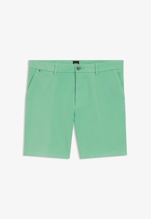 Pantaloncini da uomo verde menta con passanti per cintura, tasche laterali, chiusura con bottoni e una piccola etichetta con logo vicino alla tasca sinistra.