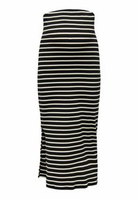 Jupe mi-longue noire et blanche à rayures avec un design droit, fabriquée dans un tissu extensible, dotée d'une fente latérale pour faciliter les mouvements.