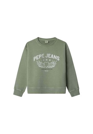Vihreä huppari, jossa on "PEPE JEANS" -logo, siipi ja sydänkuvio. Valmistettu pehmeästä kankaasta, jossa on pyöreä pääntie ja resorit hihoissa.