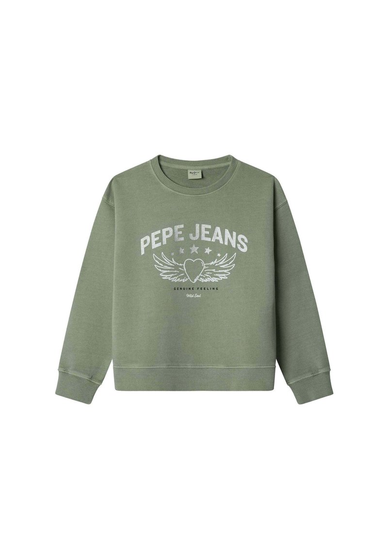 Sudadera verde con el logo "PEPE JEANS" acompañado de un gráfico de ala y corazón. Fabricada en tela suave, con escote redondo y puños acanalados.