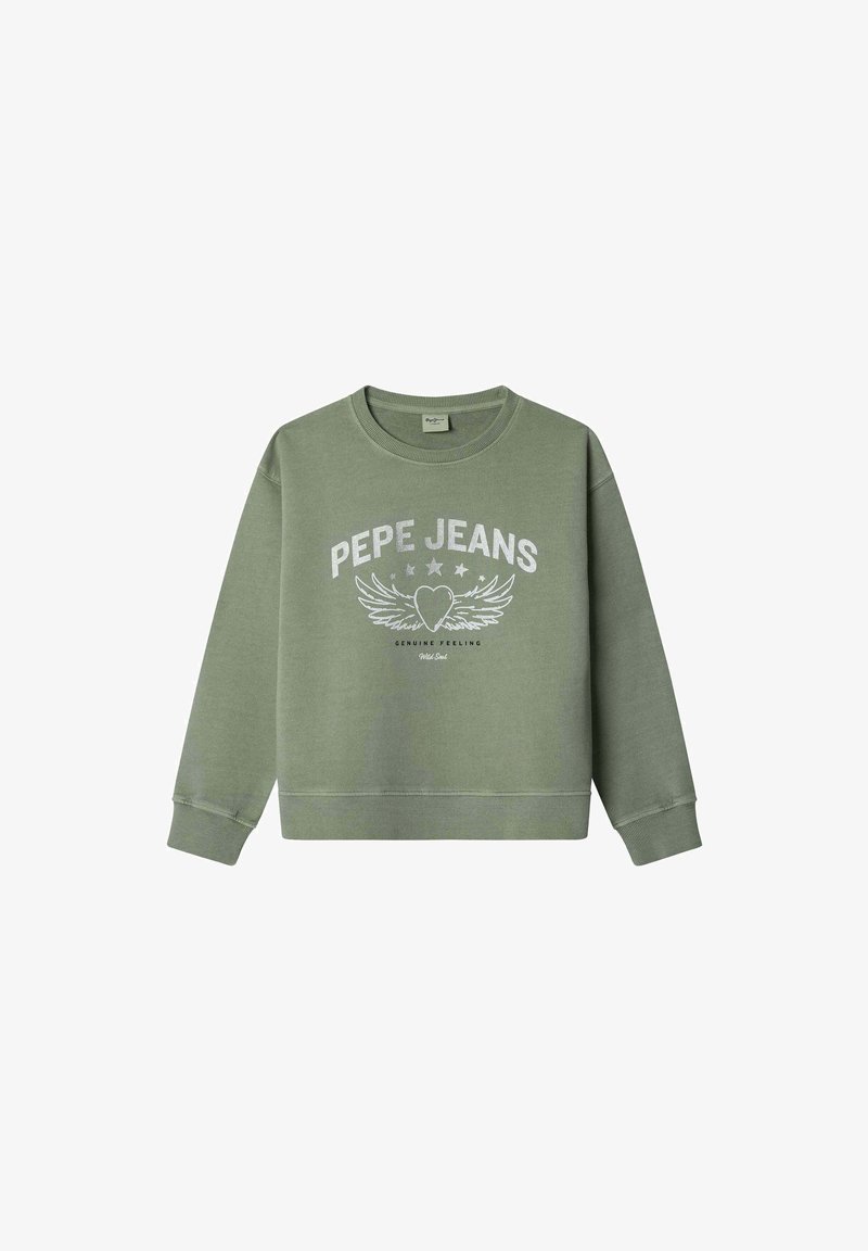 Sudadera verde con el logo "PEPE JEANS" acompañado de un gráfico de ala y corazón. Fabricada en tela suave, con escote redondo y puños acanalados.