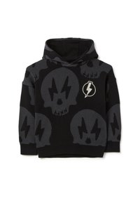 Sudadera negra con un diseño de calavera gris y rayo, que incluye un parche de logo en la parte delantera. Hecha de una tela suave con una capucha cómoda.