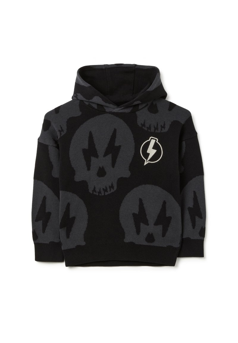 Sudadera negra con un diseño de calavera gris y rayo, que incluye un parche de logo en la parte delantera. Hecha de una tela suave con una capucha cómoda.