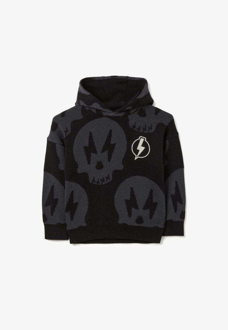 Sudadera negra con un diseño de calavera gris y rayo, que incluye un parche de logo en la parte delantera. Hecha de una tela suave con una capucha cómoda.