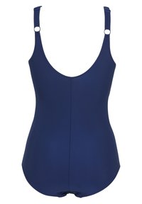 Mörkblå baddräkt i ett stycke tillverkad av mjukt material, med justerbara remmar, låg rygg och cirkulära detaljringar.