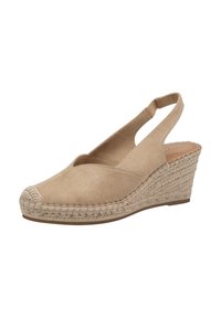Beige mokkanahka wedgesandaali, jossa on suljettu kärki, avoin kanta ja punottu juuttidetaili wedgessä. Ominaisuudet sisältävät viilto-osien muotoilun.