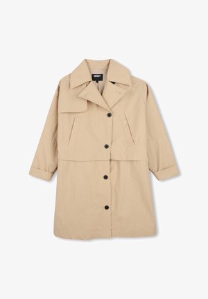 Trench-coat beige avec un col structuré, des poches avant et des boutons noirs. Confectionné dans un matériau léger, doté d'une coupe courte et de manches longues.