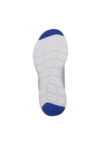 Suela de zapatilla blanca con acentos azules, que presenta un patrón texturizado y surcado para mayor agarre. Forma redondeada con una sección elevada en el talón.