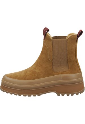 Brown suede ankle boot with elastic side panels, a rubber sole, and pull tabs. Features a smooth toe cap and textured upper.