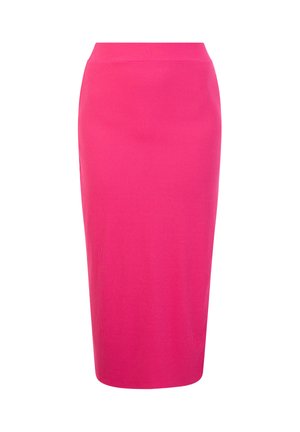 Falda lápiz ajustada hecha de tejido acanalado en un rosa brillante. Presenta una cinturilla alta y una silueta recta, sin cierres visibles.