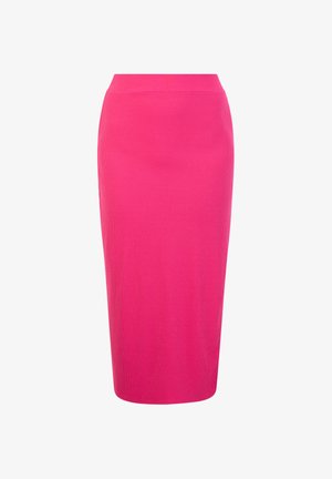 Gonna a tubino aderente realizzata in tessuto a nido d'ape di un vivace colore rosa. Presenta una vita alta e una silhouette dritta, senza chiusure visibili.