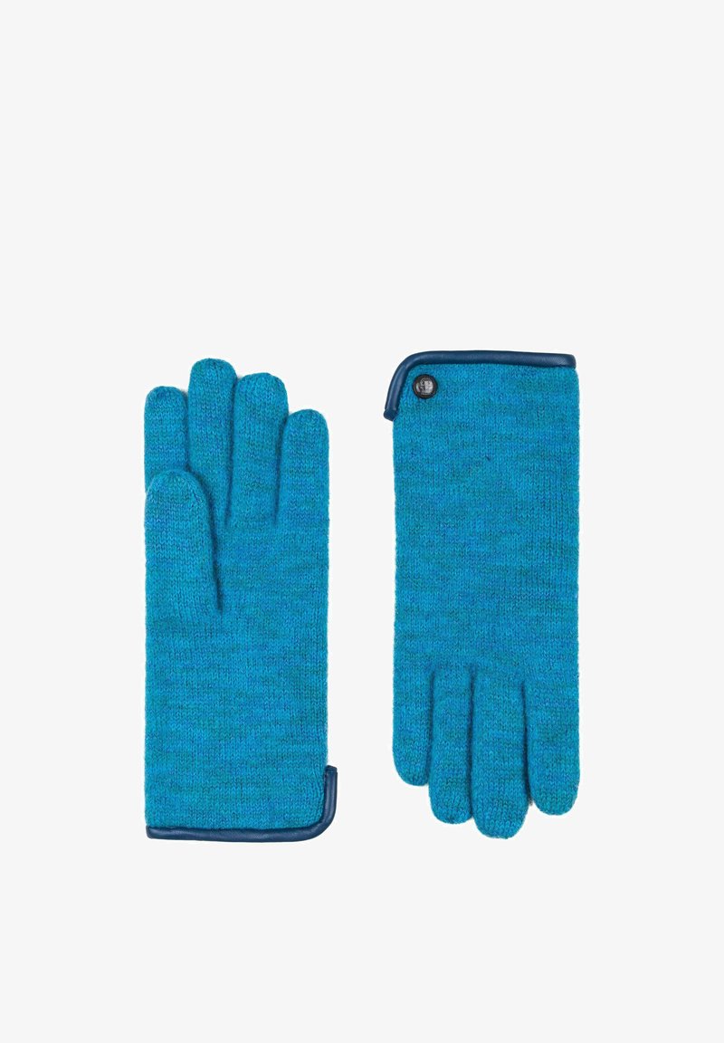 Turquoise knitted gloves with a blue leather trim and button detail. Features five fingers, a soft texture, and a snug fit.