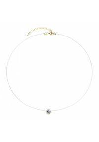 Zilveren choker ketting met een heldere edelsteen in het midden, voorzien van een gouden accent en een kettingverlenging voor verstelbare lengte.