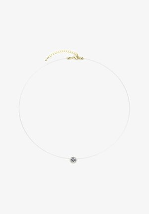 Silberne Choker-Halskette mit einem klaren Edelstein in der Mitte, ausgestattet mit einem goldfarbenen Akzent und einer Kettenverlängerung für eine verstellbare Länge.