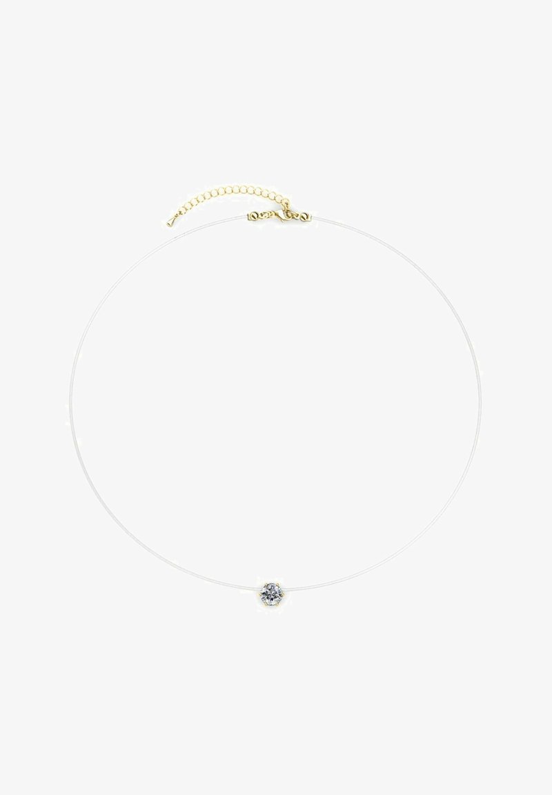Collana girocollo in argento con una pietra trasparente al centro, caratterizzata da un accento in tono oro e un'estensione a catena per la lunghezza regolabile.