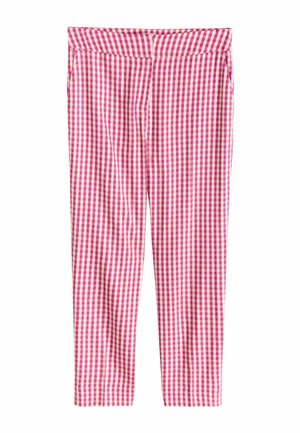 Pink and cream gingham-patterned trousers with a fitted waist, tapered legs, and pockets on each side. Smooth fabric texture.