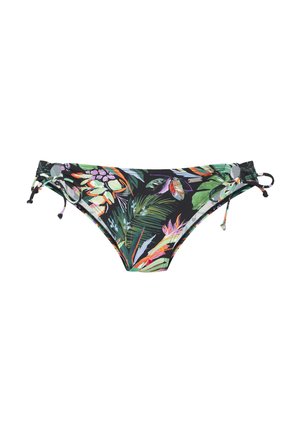 Schwarze Bikinihose mit buntem tropischem Blumen- und Blattmuster, mit verstellbaren seitlichen Bändern mit Knoten.