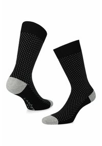 Czarne skarpetki w biały wzór w kropki, z szarymi akcentami na palcach i piętach. Wykonane z miękkiego, elastycznego materiału dla wygody.