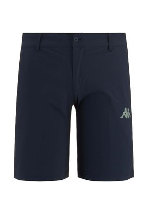 Pantaloni corti blu navy realizzati in tessuto leggero con una texture liscia, dotati di chiusura con bottone e un logo sottile in grigio chiaro.