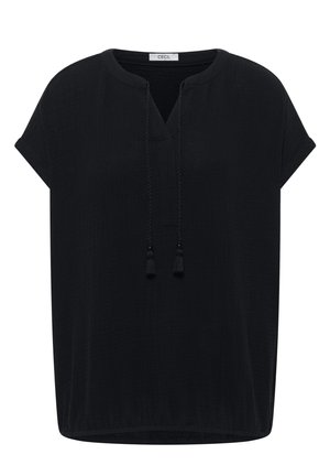 Blusa negra de manga corta con escote redondo, corte en V en el frente y lazos trenzados con borlas, confeccionada en tela ligera, etiqueta "CECIL" en el interior del cuello.