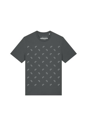 Dunkelgraues T-Shirt mit kurzen Ärmeln und kleinen weißen Fahrradsymbolen, die über die gesamte Vorderseite in einem verstreuten Muster gedruckt sind.