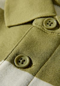 Jasnozielona tkanina koszulowa z wyraźnym kołnierzem. Posiada dwa okrągłe guziki z czterema dziurkami w tym samym kolorze.