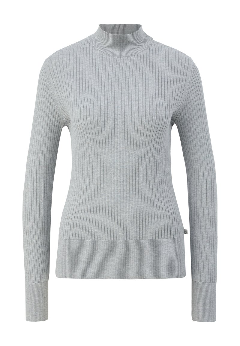 Grauer gerippter Strickpullover mit hohem Kragen, langen Ärmeln und taillierter Passform. Verfügt über eine dezente Textur und ein kleines Logo am Saum.