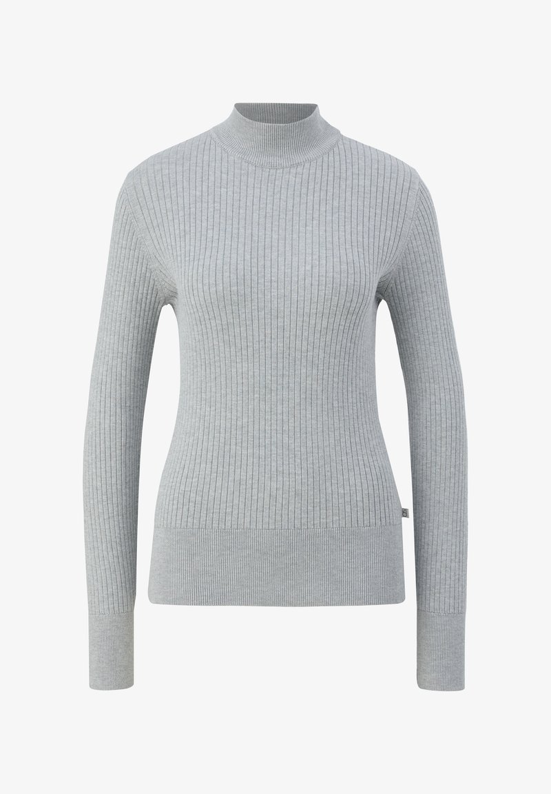 Grauer gerippter Strickpullover mit hohem Kragen, langen Ärmeln und taillierter Passform. Verfügt über eine dezente Textur und ein kleines Logo am Saum.